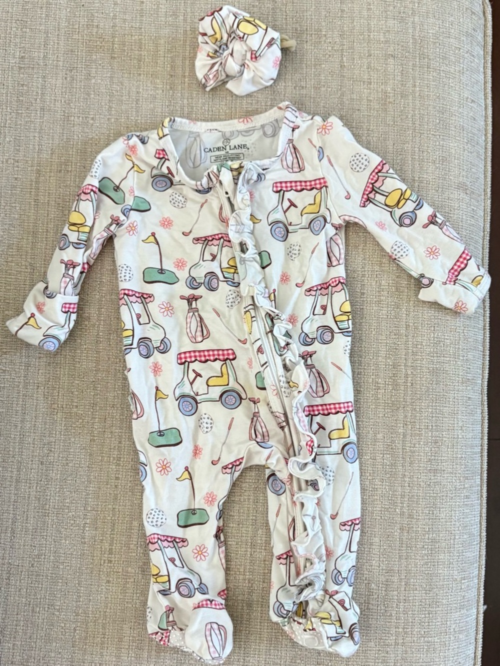 Caden Lane Country Club Cuties Ruffle Zip One-Piece and matching bow
